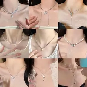 Collage de colliers argentés chics avec pendentifs cœur, papillon, étoile et perles