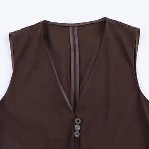 Deep brown V-neck vest top with three-button closure and professional tailored stitching