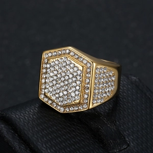 Luxurious gold-plated stainless steel hexagonal iced-out ring for men with clear stones
