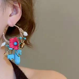 Bohemian large hoop earrings with pink flower turquoise stone and woven rope wrap