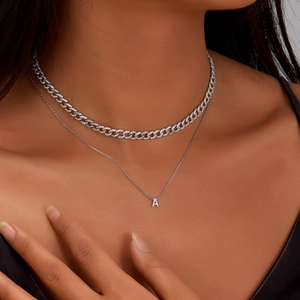 925 Sterling silver double layer necklace with letter A pendant and sparkling CZ Cuban chain