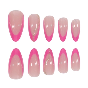 Rosafarbene Mandel-Nägel zum Aufkleben mit French-Tips und silbernen Glitzerwellen Set