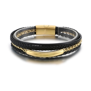Multilayer braided microfiber leather bracelet with gold magnetic clasp for men