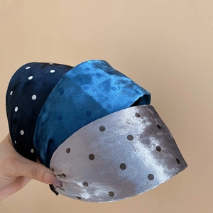 Three-piece set of wide velvet polka dot headbands in navy, royal blue and silver-gray