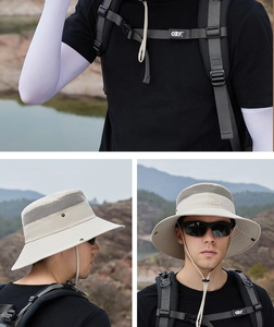 Macro view of breathable mesh panel and adjustable drawstring on outdoor sun hat