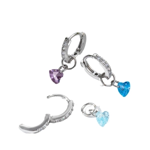 Silver heart pendant earrings set with colorful zircon stones and polished hoops