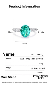 Detailed spec chart of S925 silver ring featuring 8x10mm oval green zircon stone