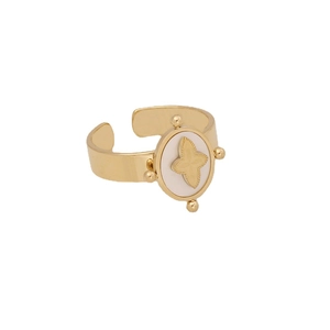 Gold stainless steel open ring with white enamel inlay and clover motif on white background