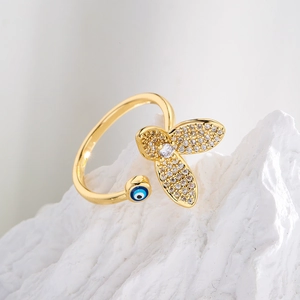 Evil Eye Butterfly Adjustable Open Ring Copper Gold Plated Cubic Zirconia Enamel Jewelry For Women