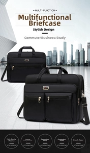 Close-up of waterproof oxford fabric and metal logo detail on men's business briefcase