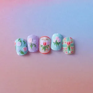 5-piece set of 3D embossed tulip nail art stickers with delicate floral and pearl accents
