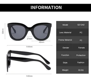 Detailed size specifications for women's round cat eye sunglasses with frame measurements