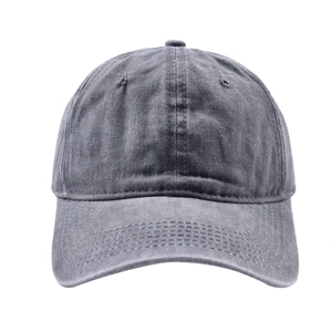 Detail of gray washed cotton baseball cap with classic curved brim and six-panel structure