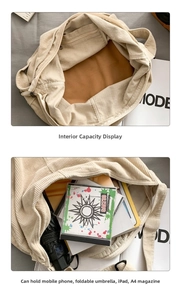 Detailed interior of corduroy tote bag showing large capacity for A4 books and iPad