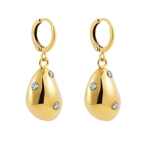 Elegant gold teardrop earrings with sparkling white cubic zirconia on white background