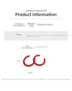 Detailed size chart for 5cm red resin geometric C-shaped earrings with 8.2g weight