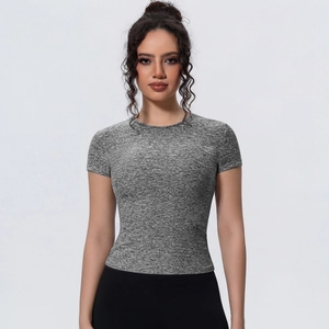 Close-up of slim fit gray marl yoga t-shirt showing breathable fabric texture