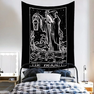 Detail of The Hermit tarot card wall tapestry featuring mystic occult line art on fabric