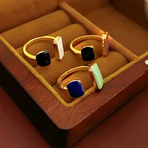 Set of three French vintage gold open rings with colorful enamel geometric designs
