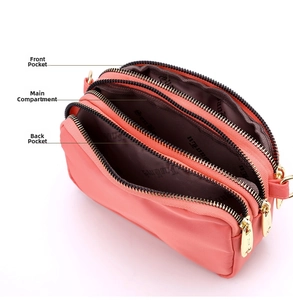 Detailed view of the three zipper pockets: front, main, and back for organized storage