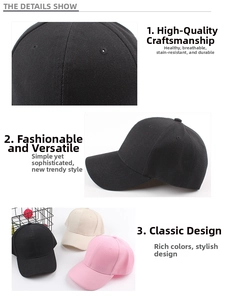 Detailed views of multi-color twill cotton baseball caps showing curved brims and embroidery