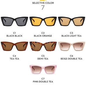 Detalle de siete variantes de color de gafas de sol cat-eye con acabado de alta calidad