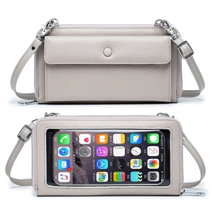 Beige touchscreen crossbody phone bag with double zipper and pebbled faux leather texture
