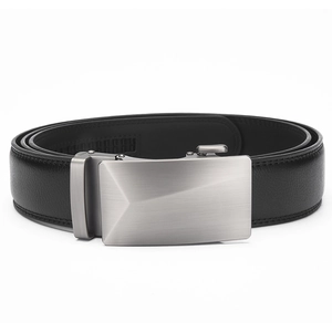 Detail of men's leather business belt showing brushed metal automatic buckle and black strap