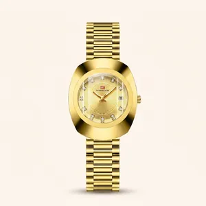 Detailed technical specifications diagram of golden quartz watch with 32mm dial and 3ATM