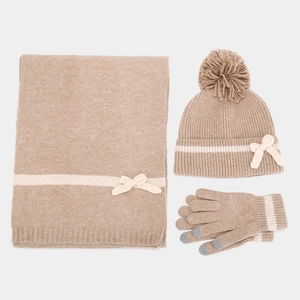 Winter set with knitted hat, scarf, and touchscreen gloves featuring bow decorations