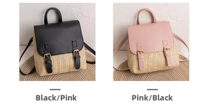 Detailed comparison of mini woven backpacks with buckle flap in pink and black variants