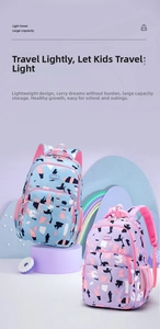 Detail of lightweight camo school backpacks in light blue and purple for kids