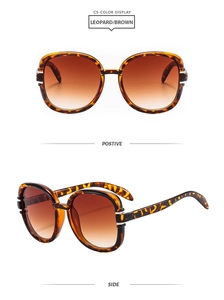 Front and side views of leopard print square frame sunglasses with brown gradient lenses