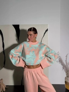 Pink and light blue colorblock knit set with oversized sweater and straight-leg pants