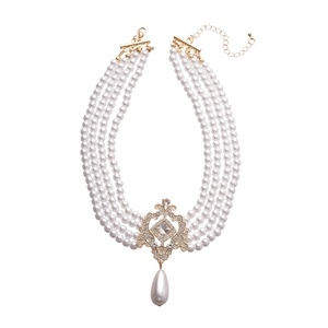 Vintage multi-layer pearl necklace with golden rhinestone pendant and teardrop pearl drop