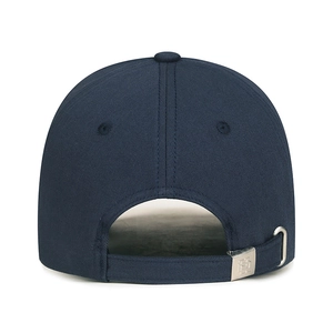 Navy blue cotton baseball cap rear view showing adjustable silver buckle and metal strap