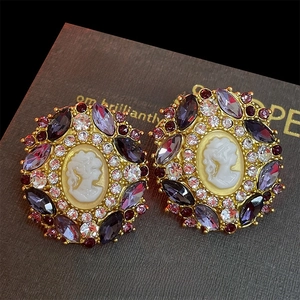 Vintage Cameo Stud Earrings With Purple Rhinestones And 925 Sterling Silver Earring Post Baroque Palace Style Women