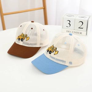 Detail view of breathable kids mesh baseball caps featuring cute excavator embroidery