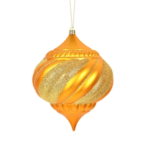 Orange gold onion-shaped Christmas ornament with glitter spiral design for holiday tree