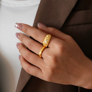 24k gold-plated lattice open ring featuring geometric hollow design and cubic zirconia