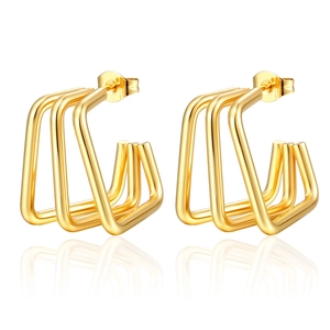 Boucles D'oreilles Créoles Carrées Géométriques À Triple Ligne En Acier Inoxydable Avec Tige En Titane Pour Femmes