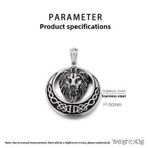 Detailed view of a 50mm stainless steel lion head pendant with Celtic knot pattern