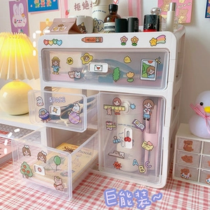 Close-up of white multi-layer desk organizer with transparent drawers and cute stickers