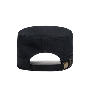Rear view of black cotton flat top army cap featuring adjustable metal buckle and strap