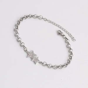 Adjustable silver star bracelet with micro-paved cubic zirconia and lobster clasp
