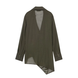 Deep green long-sleeved asymmetric blouse with V-neckline and breathable lightweight fabric