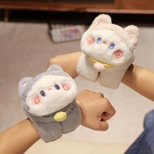 Cute plush kitten snap bracelet toys in grey and white soft fabric on wrists
