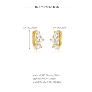 Detail showing S925 silver gold-plated zircon cluster earrings with dimensions and weight