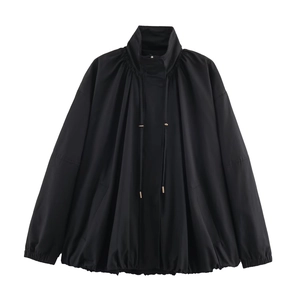 Oversize black bomber jacket with stand collar and adjustable drawstring hem details