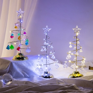 Spiral iron Christmas tree lights with colorful crystal pendants and star top decoration